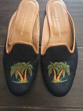 Stubbs & Wootton Black W/Palm Trees Mule Sz 8